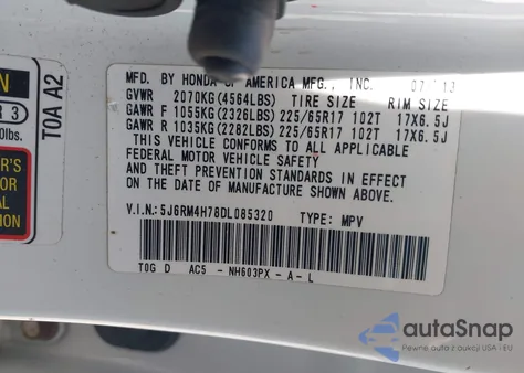 2013 Honda Cr-V Ex-L from USA, damaged, VIN 5J6RM4H78DL085320